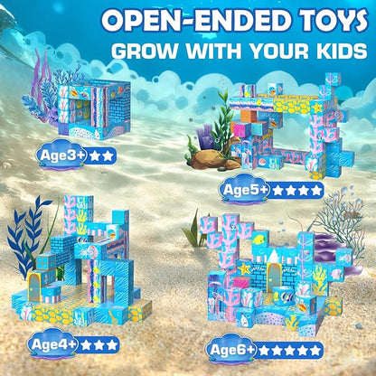 Glow-in-the-Dark Magnetic Building Blocks & & Tiles, 2025 Upgraded STEM Montessori Construction Toys, Ocean World Magnet Cubes, Christmas Birthday Gifts for Kids, Boys Girls Toddlers Ages 3-5 4-8 8-12