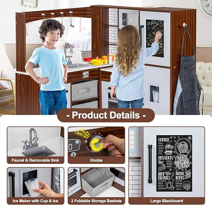 Corner Play Kitchen for Kids, Wooden Toddler Kitchen Playset w/Faucet, Sink, Microwave, Oven, Apron, Blackboard, Storage Cabinets, Pretend Cooking Toys w/Sound & Light Gift for Ages 3+