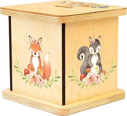 Wooden Piggy Bank for Kids and Adults, Personalized Gift Handmade in USA by BloomOwl, Custom Piggy Bank, Personalized Banks for Kids, Gifts for Baby Boys and Girls (Woodland- Girl)