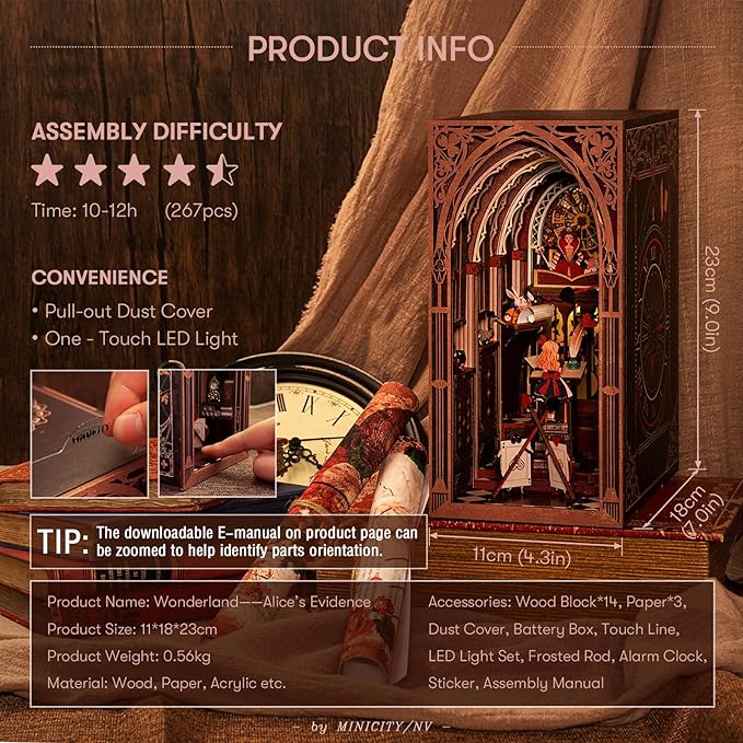 𝗠𝗶𝗻𝗶𝗖𝗶𝘁𝘆 Book Nook Kit, DIY Miniature Dollhouse Booknook Kit, 3D Wooden Puzzle Bookend Bookshelf Insert Decor with LED Light for Teens and Adults (Alice in Wonderland)
