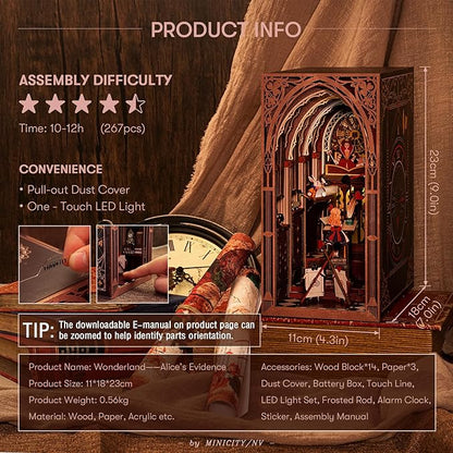 𝗠𝗶𝗻𝗶𝗖𝗶𝘁𝘆 Book Nook Kit, DIY Miniature Dollhouse Booknook Kit, 3D Wooden Puzzle Bookend Bookshelf Insert Decor with LED Light for Teens and Adults (Alice in Wonderland)