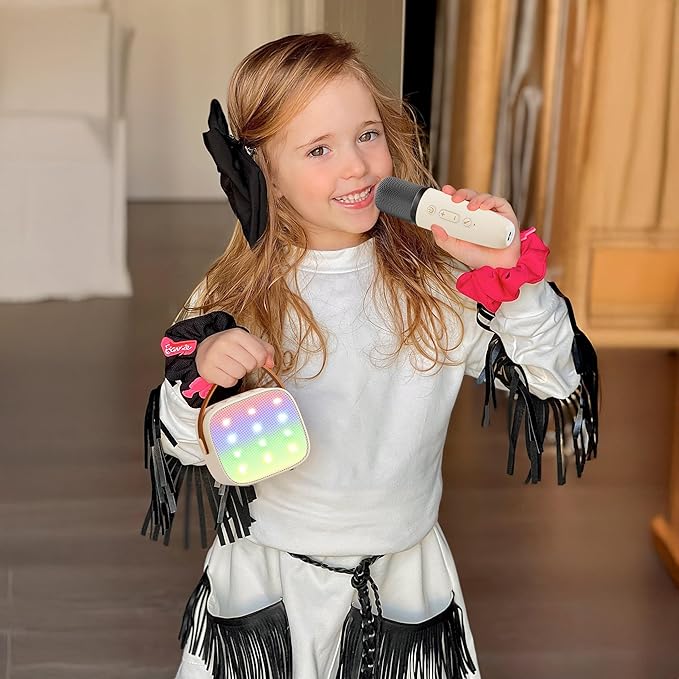 Mini Karaoke Machine with 2 Wireless Microphones for Kids Adults, Portable Bluetooth Speaker Gift for Girls Toys 4, 5, 6, 7, 8, 10, 12+ Years Old Teens Birthday(Beige)