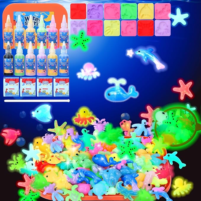 Glow in The Dark, Magic Water Elf Toy Kit, Aqua Fairy Water Gel Kit, 12 Gels 12 Ocean Molds, Squishy Maker Party Birthday Toys Gifts for 3-12 Years Boys Girls, Arts & Crafts DIY STEM Kits for Kids