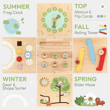 9-in-1 Wooden Activity Cube Baby Busy Board, Montessori Toys for Toddler Play Activity Center, Early Educational Toys with Shape Sorter, Abacus & Gear Toy, Sensory Gifts for Boys Girls