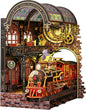 DIY Book Nook Kit for Adults - LED Magic Station Book Nook with Steam Train, Mini House Bookshelf Decor 3D Wooden Puzzles with LED Light, Alley Model Build Birthday Gift for Family, Friends
