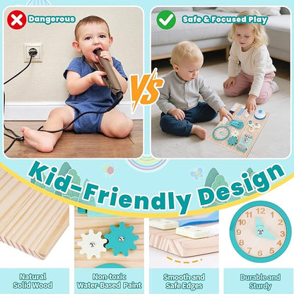 ATOYUS Montessori Busy Board Toys for Toddlers, Learning Educational Toys for 3 Year Old, Wooden Sensory Activity Toys for Kids 3-4 with Autism, Christmas Birthday Gift for Baby Boys Girls Ages 3-5