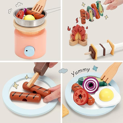 Wooden Campfire Playset – 25-Piece Kids S’Mores & Grill Pretend Camping Kitchen Toy, Glow-Look Fire, Skewers, Pan & Food, STEM Screen-Free Outdoor BBQ Gift for Boys & Girls Age 3+
