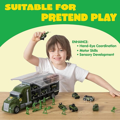 JOYIN 25 in 1 Military Kids Truck Toys for Age 3+, Toddler Boy Toys, Army Men Tanks Set with Soldier Men, Mini Battle Cars in Carrier Truck with Lights and Sounds, Christmas Great Gifts for Grandkids