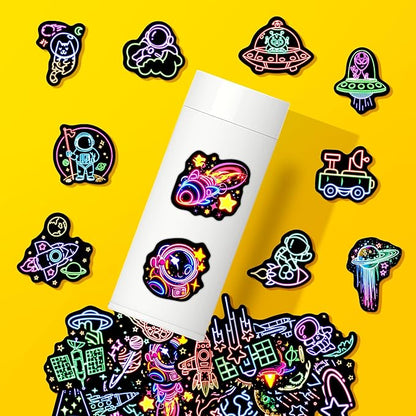 52 Pcs Neon Astronaut Stickers for Kids Glow in The Dark, Waterproof Space Sticker for Water Bottle, Vinyl Laptop Decals for Teens Girls Boys, Students Adults Sticker Pack