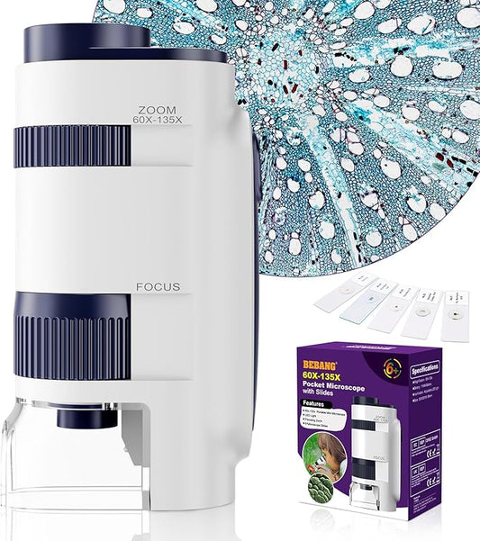 Handheld Portable Pocket Microscope for Kids - BEBANG Mini Lab Kids Microscope with 5 Prepared Slides LED Portable Microbiological Observation Miniscope Tool for Science Exploration