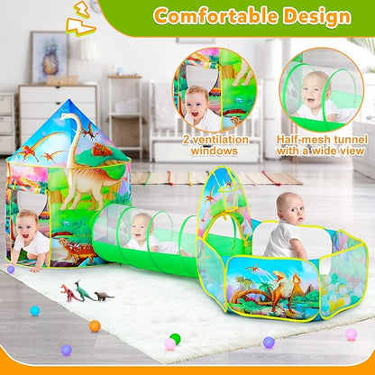 3pc Dinosaur Play Tent for Boys with Ball Pit, Crawl Tunnel, Play Tents for Toddlers, Baby Space World Playhouse Toys, Boys Indoor& Outdoor Play House, Perfect Kid’s Gifts
