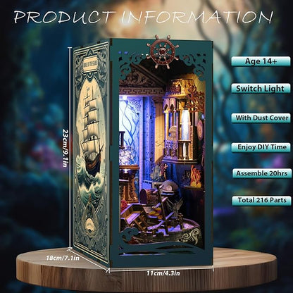 ISSEVE Book Nook Kit, DIY 3D Wooden Puzzle Dollhouse Booknook for Adults, Tiny Miniature House Kit Bookshelf Decor with LED Light and Dust Cover, Gifts for Family and Friends (Sea Maze)