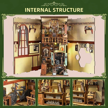 Book Nook Kitwith Dust Cover and LED Light, 3D Wooden Puzzle Bookend Bookshelf Insert Decor for Teens and Adults-The Radium Lady