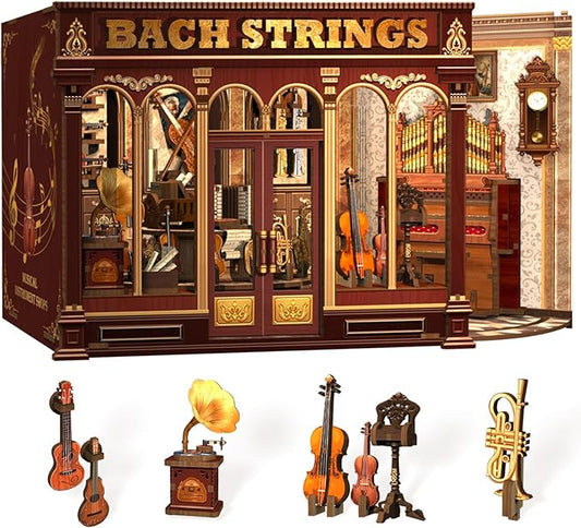 Fsolis Book Nook Kit - DIY Scene Miniature Dollhouse Kit for Adults, Shelf 3D Puzzles 285 pcs, Tiny House Mini Music Shop Model Booknook Craft Bookshelf Decor Gifts for Women (Bach Strings)