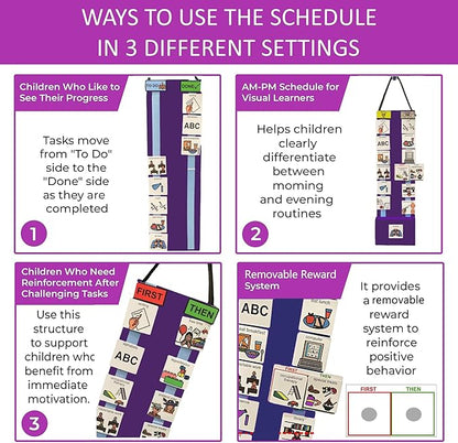 Two Strip Night & Day Daily Schedule Great Visual Behavioral Tool for Structure at Home, School & in The Community. (Purple Magnetic -2 Strips, 133 Icon Plastic Cards)