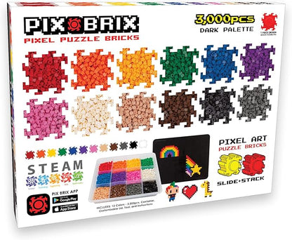 Pix Brix Pixel Art kit Puzzle Bricks - 3,000 Piece Pixel Art Container, 12 Color Dark Palette - Interlocking Building Bricks, Create 2D and 3D Builds Without Water or Glue - Stem Toys, Ages 6 Plus