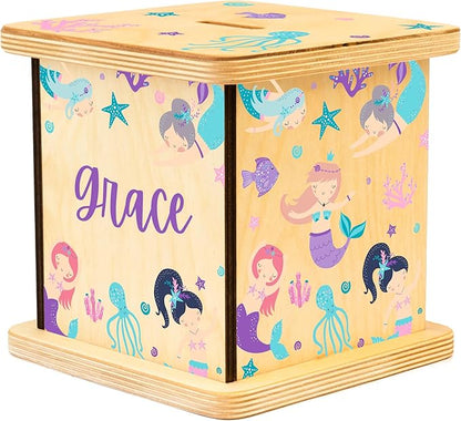 Wooden Piggy Bank for Kids and Adults, Personalized Gift Handmade in USA by BloomOwl, Custom Piggy Bank, Personalized Banks for Kids, Gifts for Baby Boys and Girls (Mermaid)