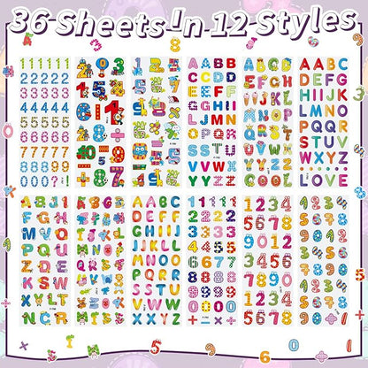 36 Sheets 3D Letter & Number Stickers - 900+ Reusable ABC, 123 Learning Stickers | Non-Toxic PVC Foam | Teacher Supplies, Crafts, Kids Activities