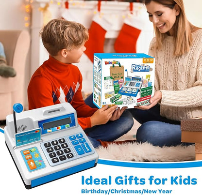 Calculator Cash Register Toy Gift for Kids Age 3, 4, 5, 6, 7, 8+ Year Old, 120 Pcs Grocery Store Playset with Toy Cash, Grocery BoxesCredit Card, Microphone, Grey Play Cash Register for Toddlers 4-8