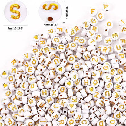 DECYOOL Letter Beads, 1900Pcs 4×7mm White Gold Acrylic Alphabet Beads with 1 Roll Elastic String for Bracelet Necklace Jewelry Making Supplies
