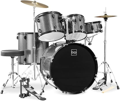 Best Choice Products 5-Piece Full Size Complete Adult Drum Set w/Cymbal Stands, Stool, Drum Pedal, Sticks, Floor Tom - Silver Sparkle