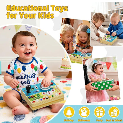 Busy Board With Led Light - Montessori Busy Board Wooden Sensory Toys for Toddlers 1 2 3 Years Old, Educational Baby Fidget Boards Toy, Creative Birthday Christmas Gifts for 1-3 2-3 3-4 Year Old Boys