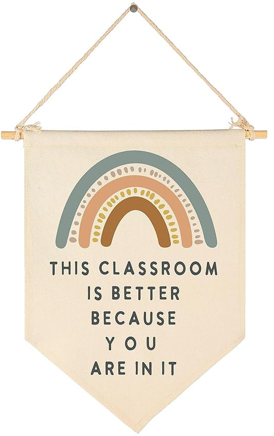 FYSIA Classroom Poster-Playroom Décoration-Child Art-Canvas Hanging Pennant Flag Banner Wall Sign Decor Gift-Birthday Christmas Gift-This Classroom Is Better Because You Are In It