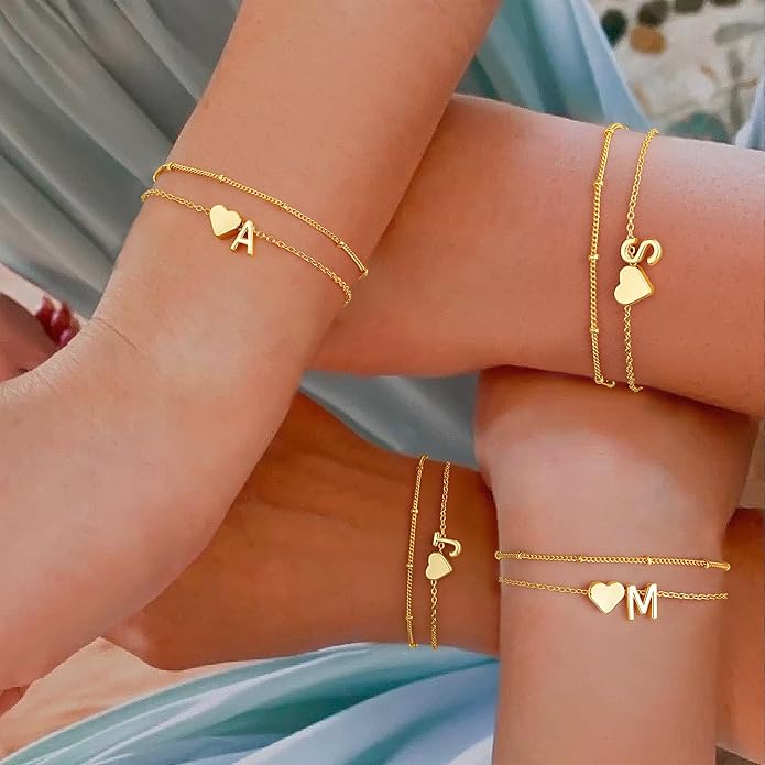 M MOOHAM Initial Heart Bracelets for Women - Layered Dainty 14K-Gold-Plated Heart Letter A-Z Charm Bracelets for Women, Chain Link Charm Bracelets Beaded Bracelets Birthday Gifts Womens Jewelry