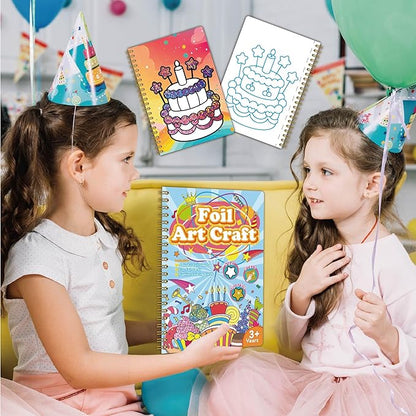 Fun & Mess-Free Foil Art Kit for Kids – 80 Foil Sheets & 32 Art Cards, No Glue Needed, Creative Craft Gift for Christmas Halloween Holiday Birthday（Birthday Version）