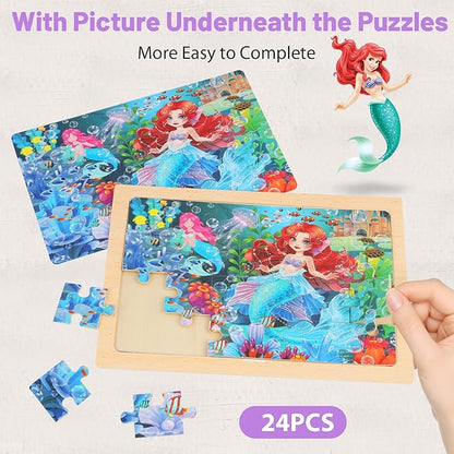 Wooden Puzzles for Kids Ages 4-6, 24 Piece Unicorn Mermaid Princess Jigsaw Puzzles 4 Packs, Preschool Toddlers Learning Activity Puzzles Toys for Girls 3 4 5 6 Years Old