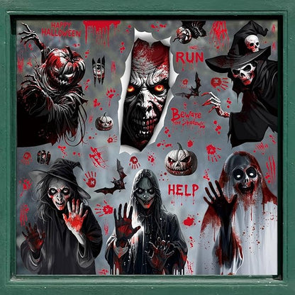 Halloween Window Clings Stickers for Glass Halloween Decals Decorations Scary Ghost Skull Pumpkin Window Sticker with Bloody Handprint Bat Designs for Spooky Party DIY Decor Supplies
