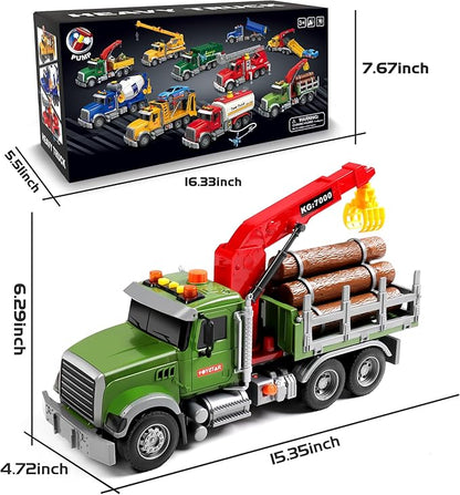 Dwi Dowellin Kids Toys for 3 4 5 6 7 Years Old Boys,15" Large Timber Truck with Loading Crane and 6 Trunks,Birthday Gifts for Boy Toddler Child