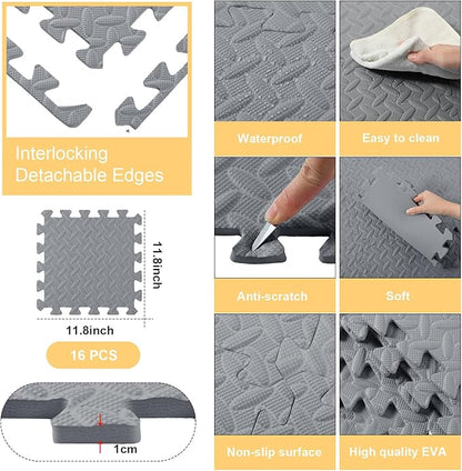 Shihanee 16 Pcs Foam Floor Baby Tiles 11.81 x 11.81 inches Foam Floor Mats Play Mats Bulk with Borders Interlocking for Kids Baby Playroom Nursery Gym（Gray）