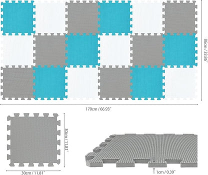 qqpp EVA Rubber 18 Tiles Interlocking Puzzle Foam Floor Mats - Baby Play Mat for Playing | Exercise Mat for Home Workout. White, Gray, Dark Green. QC-ALPb18N