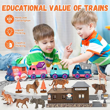 Train Set for Toddlers, Electric Train Toys with Light, Music and Animals, Toddler Magnetic Train Track Playset 3-5, Birthday Gifts for 3 4 5 Years Old Boys Girls