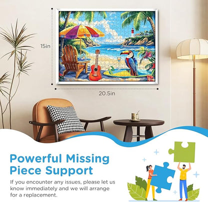 500 Piece Jigsaw Puzzle for Adults, Beach Scenery Jigsaw Puzzle, Chair and Guitar Jigsaw Puzzles, Seaside Lover Challenging Puzzles for Friends Family Activity Game Nights Gifts