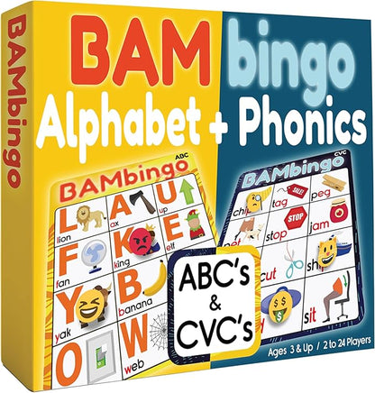 THE BAMBINO TREE Alphabet and Phonics Bingo - ABC Learning Letter Recognition and CVC Words with Pictures - Phonics Games for Kids Ages 3-7 yrs Preschool Kindergarten