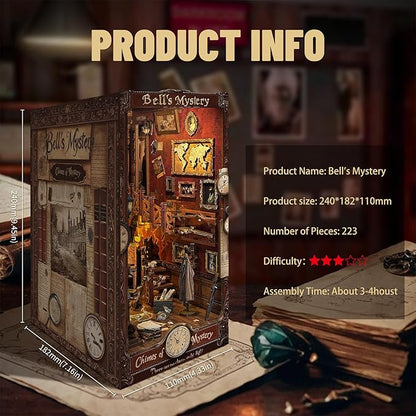DIY Book Nook Kit, DIY Miniature Dollhouse Kits for Adults and Teens, Book Nook Bookshelf Insert Decor 3D Wooden Puzzle Bookend Miniature Kit with Sensor Light Creative Craft(Bell's Mystery)