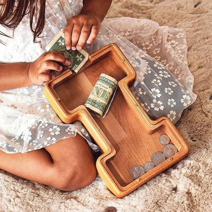 Personalized Wooden Piggy Bank – Custom Letter I Coin Bank in Beech Wood with Clear Acrylic Front, Engraved Name Option, Money Saving Box for Kids and Adults