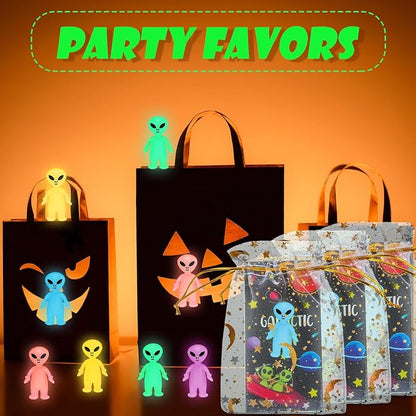 40 Pcs Glow in The Dark Mini Alien Figures Set with Card and Gift Bag for Space Birthday Party Favors Halloween Little Small Tiny Alien Figurines Statue for Hide and Seek (Colorful)