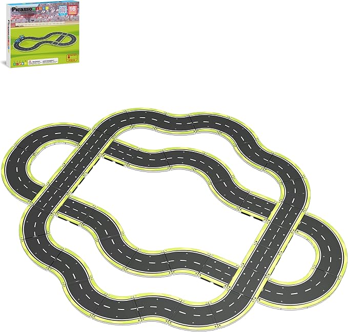 PicassoTiles Magnetic Building Tiles Car Track Magnet Vehicle Adventure Theme Printed Street Road Runway Speedway Highway Block Construction Expansion Add-on Education Learning Toys for Kids 3+ PTE16