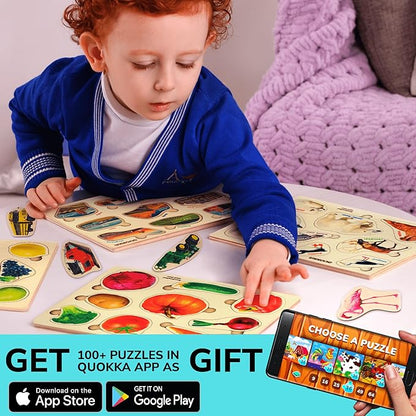 QUOKKA Wooden Puzzles for Toddlers 1-3 – 3xSET Kids Puzzles Ages 2-4 – Montessori Toy Puzzle for Toddlers 3-5 – Wood Toy Learning Realistic Fruits - Cars - Vegetables for Boy and Girl