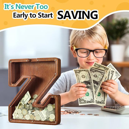 Summidate Customized Name Large Wooden Piggy Bank for Kids Boys Girls Alphabets Letter A-Z Coins Bills Money Change Bank Box Initial on Clear Cover (Laser Engraved) (Alphabet-Z, Personalized-12)