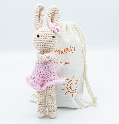 Crochet Stuffed Animal - Adorable Handmade Bunny Daughter Plushie Doll with Pink Dress, Ideal for Infants - Knitted Stuffed Animal Crocheted Stuffed Animals for Newborns