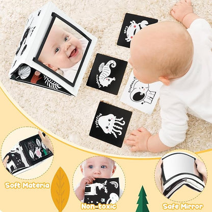 URMYWO Tummy Time Mirror Toys, High Contrast Black and White Baby Toys for Newborn, Baby Boy Girl Gifts, Visual Stimulation Learning Activity Cards, Soft Baby Book, Montessori Infant Toys 0-12 Months