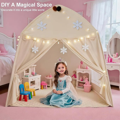 Kids Play Tent with Padded Mat Lights - Large Teepee 59x39x59in with Christmas Decor Kit Storage Bag Flag- Private Space for Reading - Birthday Gift for Boys Girls Ages 3-12