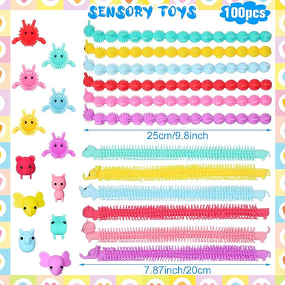 Chivao 100 Pack Bulk Stretchy String Fidget Toys Animal Sensory Toys for Kids and Adults Colorful Fidget Worm Stress Anxiety Relieve Party Favors Goodie Bag Fillers Birthday Gifts (Cute Style)