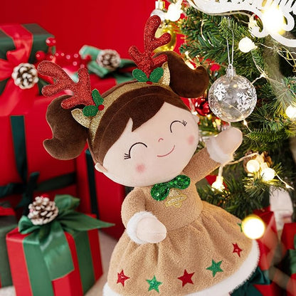 Gloveleya Christmas Reindeer Girl Plush Doll – 16" Soft Stuffed Animal Holiday Toy with Antlers, Gift Box & Card, Xmas Present for Toddler Girls, Baby Shower & Birthday Gift