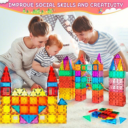 132PCS Magnetic Tiles with 2 Cars Deluxe Set, 3D Magnetic Building Blocks, Preschool Magnetic STEM Toys Sensory Educational Toys for Toddlers Kids 3 4 5 6 7 8-12, Gift for Boys Girls