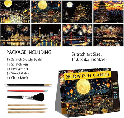 Scratch Art Painting Set for Adults – 8 Sheets A4 Rainbow Scratch Paper,Night Scene Engraving Art Kit Creative Craft Art Set for Craft Enthusiasts (Famous Landmark/City) by Iskueal